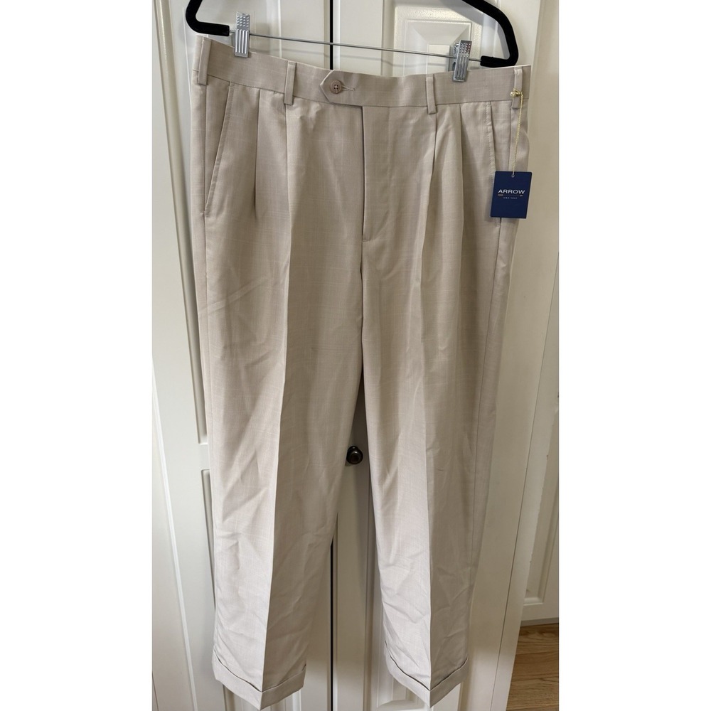 Arrow‎ Mens Dress Pants Beige 38x29 Pleated Front Classic Fit Slacks NWT Office